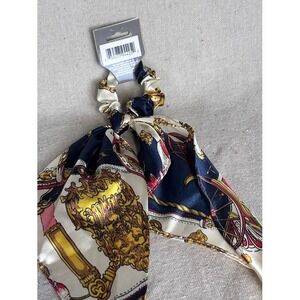 Scarf Scrunchie Chou‎ White Gold Blue Baroque Print Ponytail Holder Hair Tie New